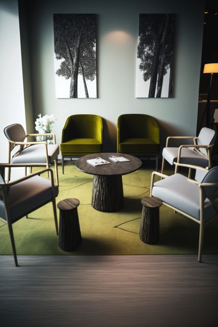 Minimalist waiting room featuring stylish chairs, contemporary decor, and eye-catching tree artwork on walls. Ideal for illustrating modern interior design concepts for business or reception areas.