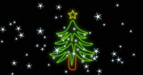 Neon Christmas Tree with Falling Snowflakes on Black Background - Download Free Stock Images Pikwizard.com