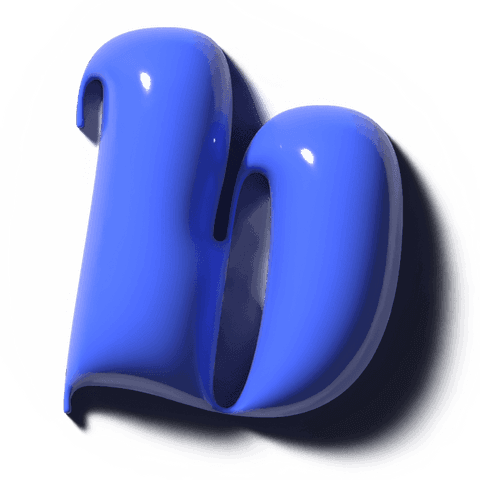 Glossy cobalt 3d m-form floating on transparent backdrop casting rim halo and shadow