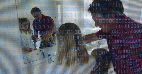 Father combing daughter's hair at bathroom sink with binary code overlay for family tech concept