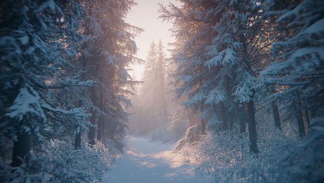 Sunlit Winter Forest Trail with Snow-Covered Pines