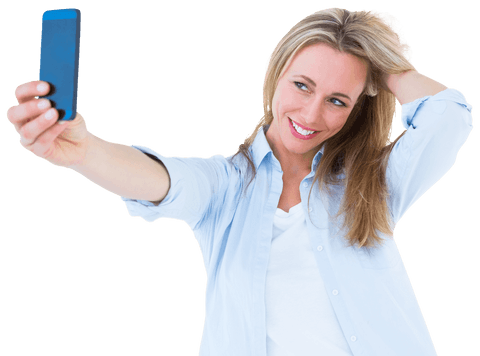 Transparent young woman taking selfie smiling proudly on smartphone