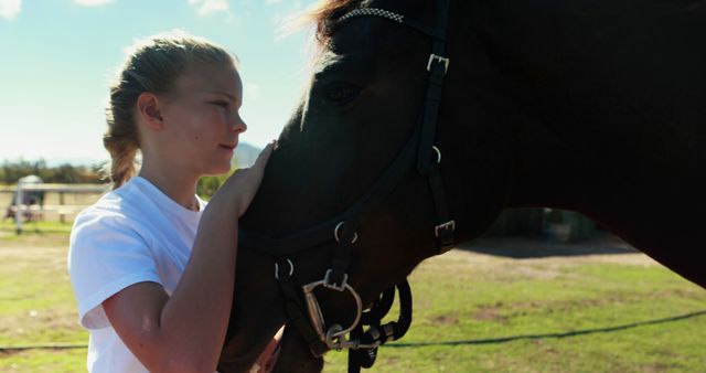 Young girl in white shirt gently stroking a horse, enjoying interaction in sunny countryside. Ideal for themes of animal bonding, farm life, equine activities, or children's outdoor activities. Can be used in ads, blogs, educational materials, or nature-related content.