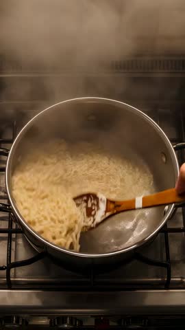 Vertical video stirring noodles in boiling water on gas stovetop using wooden spoon
