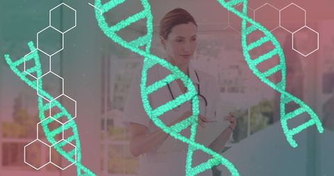 Caucasian female doctor examining digital dna interface