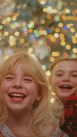 Laughing children celebrating with bokeh lights and drifting sparkles in cozy sweaters