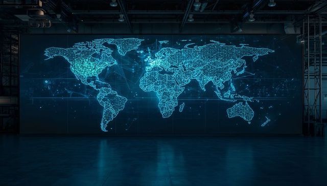 Cyan Holographic World Map on Industrial LED Wall Reflecting on Hangar Floor