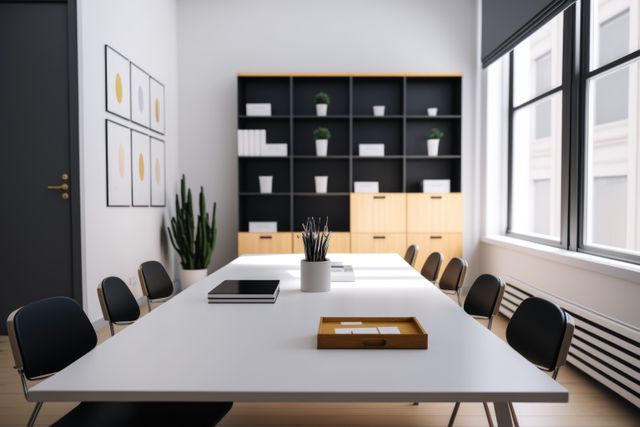 Bright conference room showcasing a modern, minimalist design with clean lines, large windows, and ample natural light. Ideal for use in promotional materials for office spaces, real estate listings, corporate brochures, or business websites.