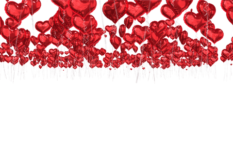 Transparent red heart balloons floating upward in unison