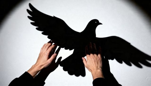 Hands reaching toward dove shadow on white wall spotlight vignette high contrast