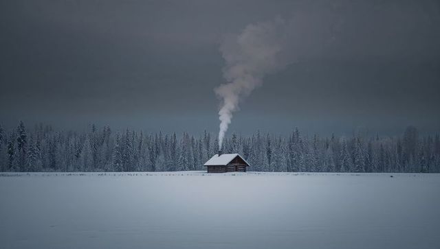 Solitary log cabin emitting tall chimney smoke across snow-covered plain at twilight