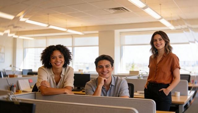 Diverse young professionals leaning on cubicles smiling in bright modern open-plan office