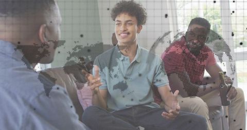 Diverse Friends Smiling and Gesturing in Casual Home Conversation with World Map Overlay