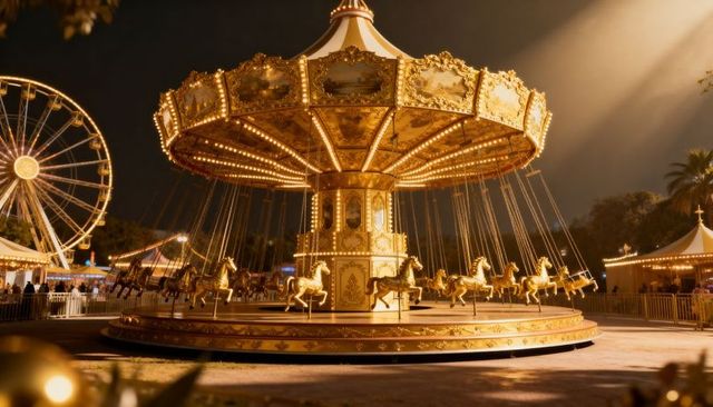 Golden vintage carousel swing ride glowing at night with ferris wheel bokeh lights