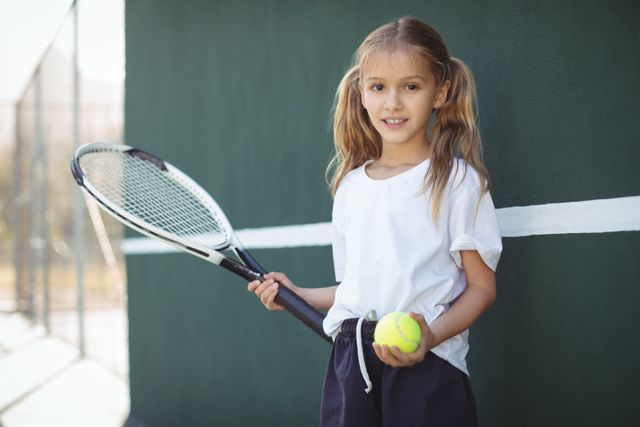 Young girl standing on tennis court holding racket and ball, smiling. Ideal for use in sports-related content, children's activities, outdoor recreation, fitness training, and summer camp promotions.