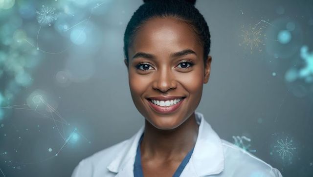 Smiling clinician wearing white coat and blue scrubs conveying warmth and confidence