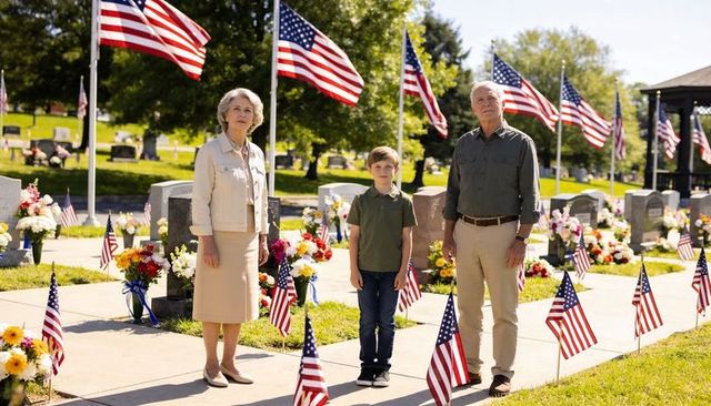 Senior couple and grandson honoring fallen veterans among american flags at cemetery walk