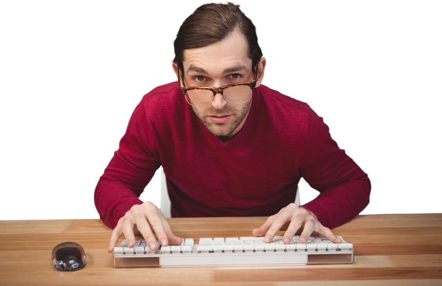 Transparent Businessman with Red Sweater Typing on Keyboard - Download Free Stock Videos Pikwizard.com