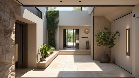 Modern corridor with stone tile flooring and skylight