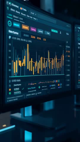 Vertical video panning dual monitors showing live trading charts and analytics dashboard