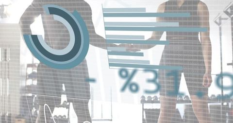 Silhouetted Athletes Shaking Hands in Gym Wearing Sleeveless Tops with Data Overlay