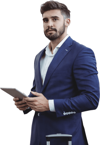 Transparent Businessman Holding Tablet in Professional Setting - Download Free Stock Videos Pikwizard.com