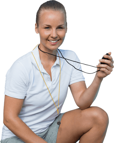 Transparent smiling sportswoman holding stopwatch seeking timing accuracy
