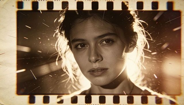 Young woman gazing through vintage filmstrip frame with sepia backlight and cinematic grain