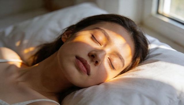 Young woman sleeping in morning sunlight on pillow closeup serene intimate bedroom