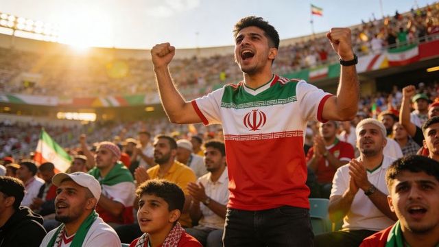 Cheering iranian fans celebrating goal in stadium wearing national jersey and waving flags