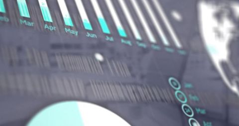 Interactive analytics dashboard displaying monthly bar chart, donut chart and metric icons