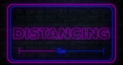 neon light against a brick wall featuring a 'distancing' sign in purple and blue. perfect for communicating safety measures and health protocols during the covid-19 pandemic. useful for educational materials, health campaigns, and urban-themed designs.