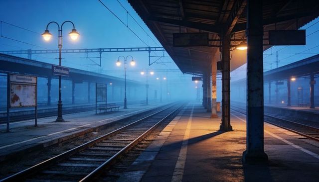 Fog Cloaking Empty Railway Platform, Lamps Glowing, Wet Tracks Reflecting Warm Dusk Light