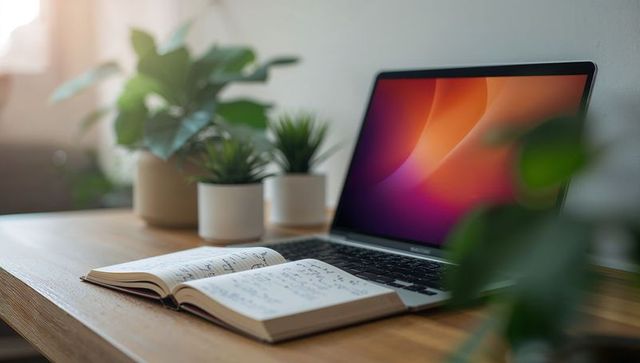 Minimal desk with laptop, open notebook and potted plants for calm productivity