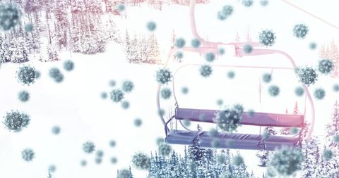 Ski lift and covid-19 cells in winter landscape