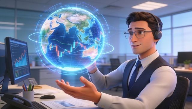 Financial analyst exploring holographic global market data in modern open office