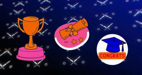 Celebrating achievement with trophy, diploma and graduation cap on neon blue backdrop