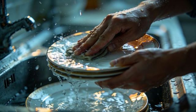 Close-up washing gold-rimmed ceramic plates by hand in kitchen sink, scrubbing with sponge