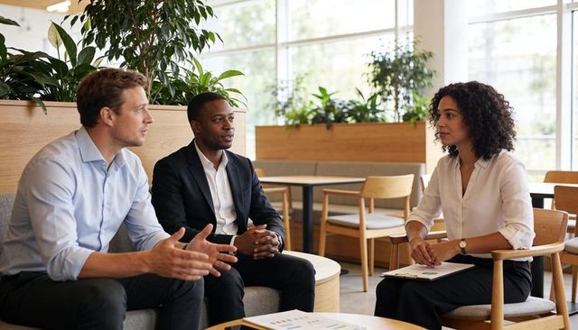 Business team collaborating in modern office lounge discussing charts and strategy planning