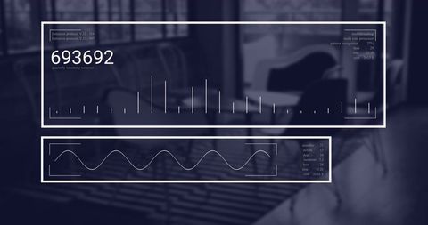 Displaying futuristic data dashboard overlaying blurred workspace with analytics HUD