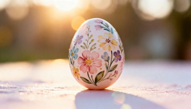 Hand-painted floral easter egg sitting on soft surface, backlit with warm sunlight, spring