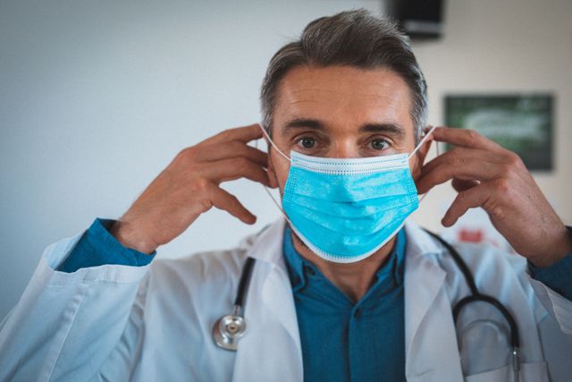 Caucasian male doctor putting on a hygiene face mask, emphasizing health and safety during the COVID-19 pandemic. Ideal for use in articles, advertisements, and educational materials related to healthcare, virus prevention, and medical safety protocols.