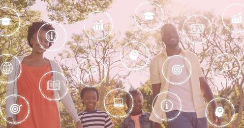 Family exploring digital learning outdoors walking under sunlit trees with education icons