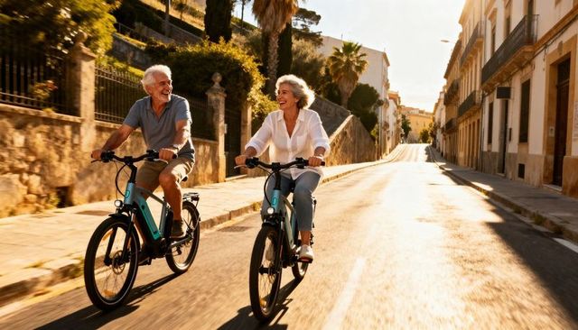 Senior couple enjoying electric bike ride through sunlit mediterranean town