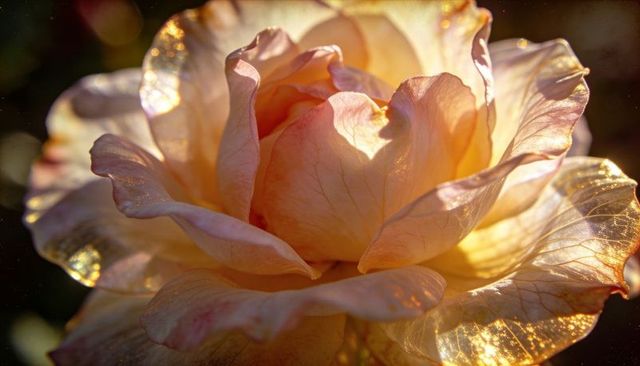 Peach cream rose backlit macro with golden dew, warm sunlit glow and layered petals