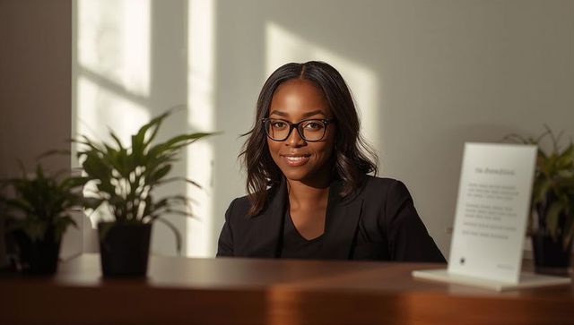 Smiling black receptionist wearing glasses at modern office desk with plants