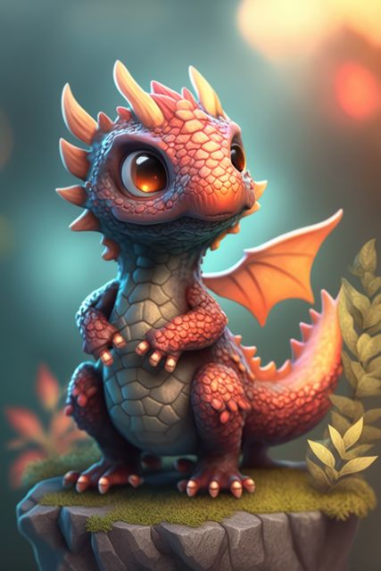Image of cute pink dragon on rock with grass over blurred background, using generative ai technology. Dragon and fantasy concept.