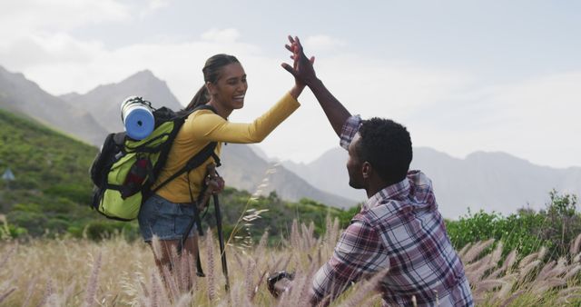 African american couple high fiving each other while trekking in the mountains. nature exploration hiking adventure tourism and healthy lifestyle concept