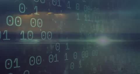 Digital Binary Overlay on Serene Ocean Sunset