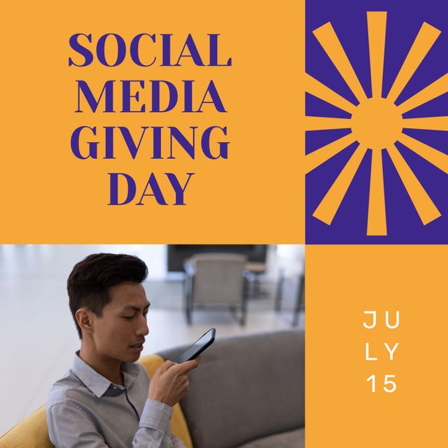 Social Media Giving Day Promotion with Modern Design and Asian Man Using Smartphone - Download Free Stock Templates Pikwizard.com